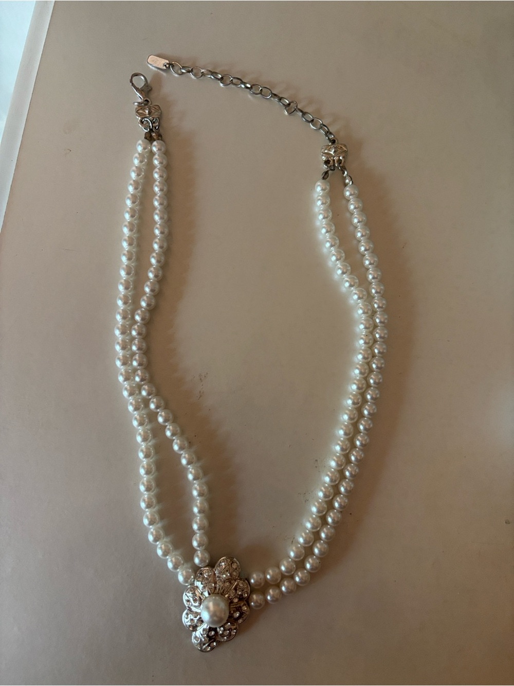 Pearl Double-Strand Necklace with Crystal Floral Pendant - White